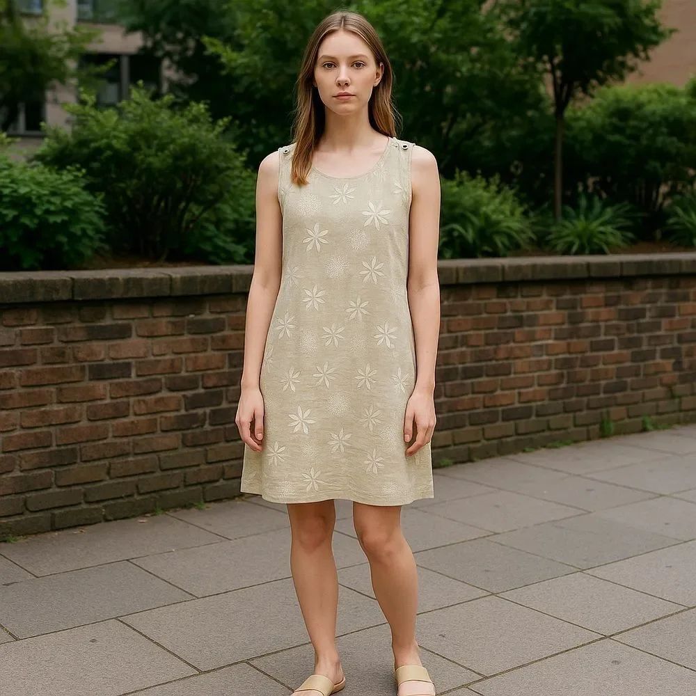 Terzo Millenio Beige Floral Embossed Linen Dress XS